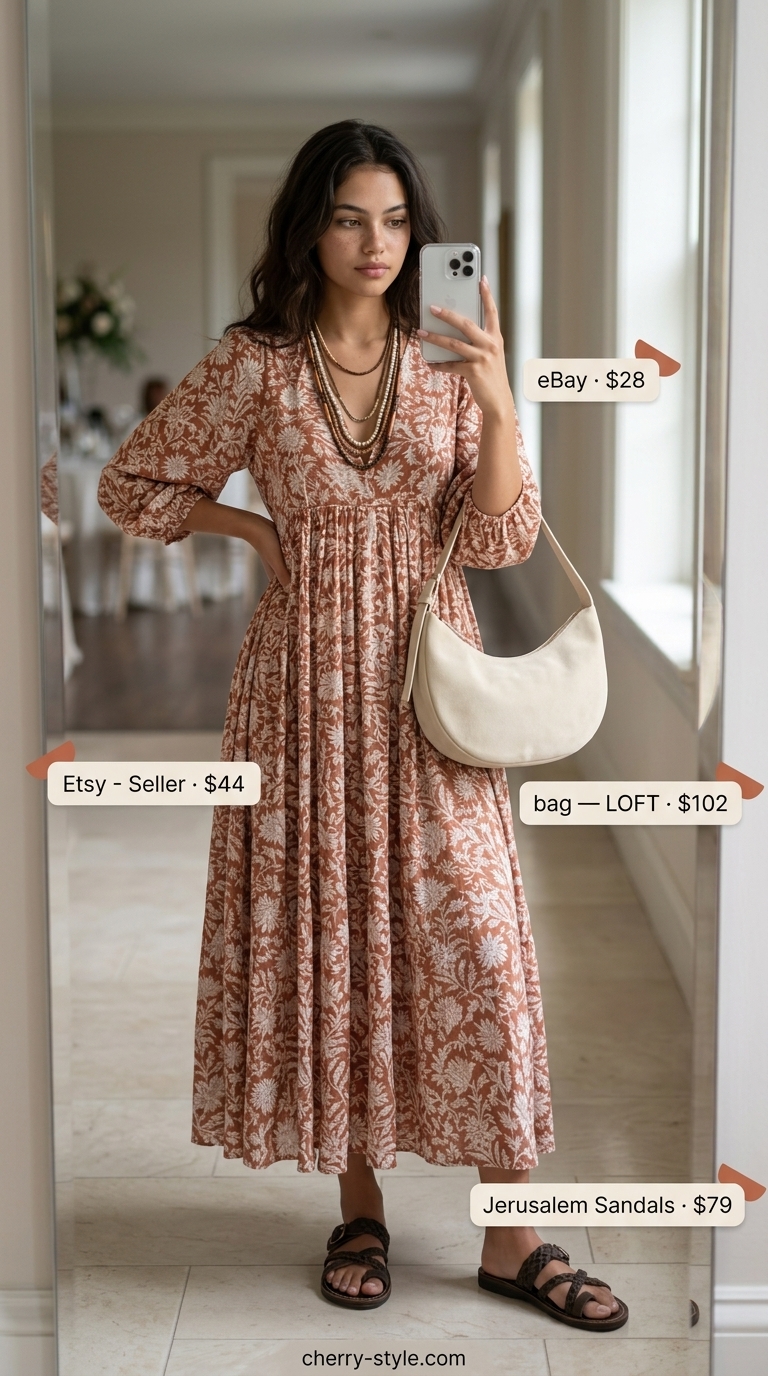 Bohemian floral maxi dress for floral summer wedding guest outfits 2026. Relaxed outdoor event style.
