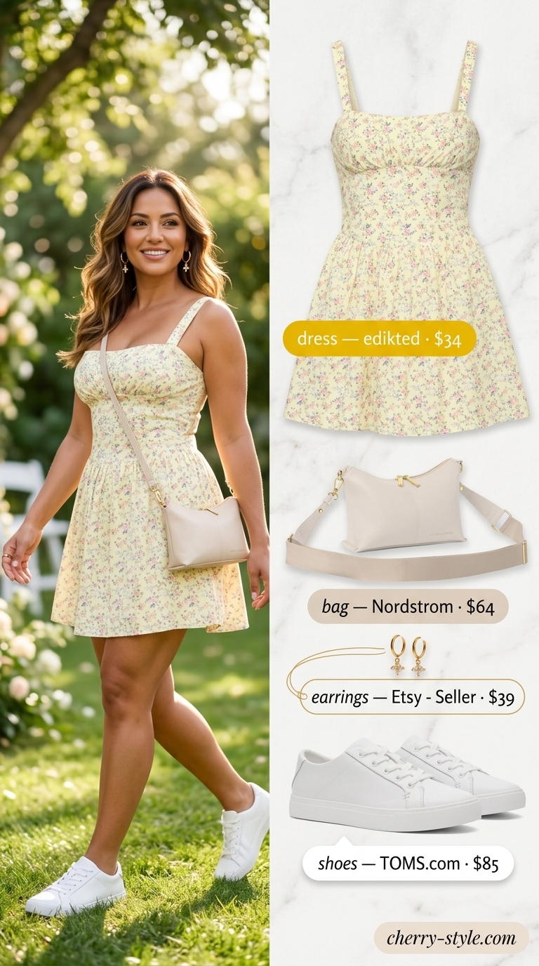 Yellow orange floral mini dress, white sneakers, gold earrings, white crossbody for floral summer wedding guest outfits 2026.