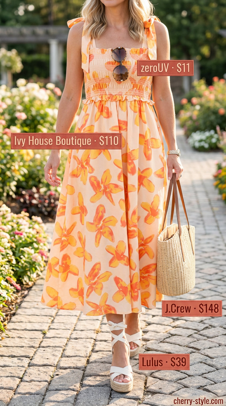 Joyful floral summer wedding guest outfits 2026: Citrus floral midi dress with espadrille wedges and straw tote.