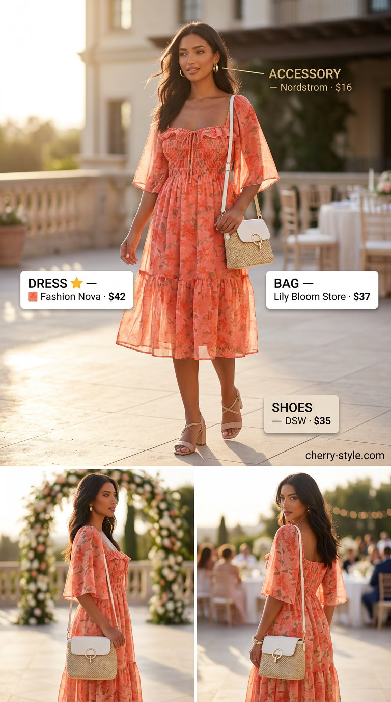 Coral floral midi dress for floral summer wedding guest outfits 2026. Perfect for outdoor events.
