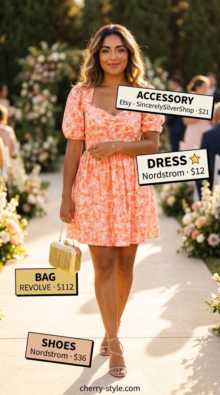 Vibrant floral summer wedding guest outfits 2026: Coral floral mini dress with metallic clutch and stiletto heels.