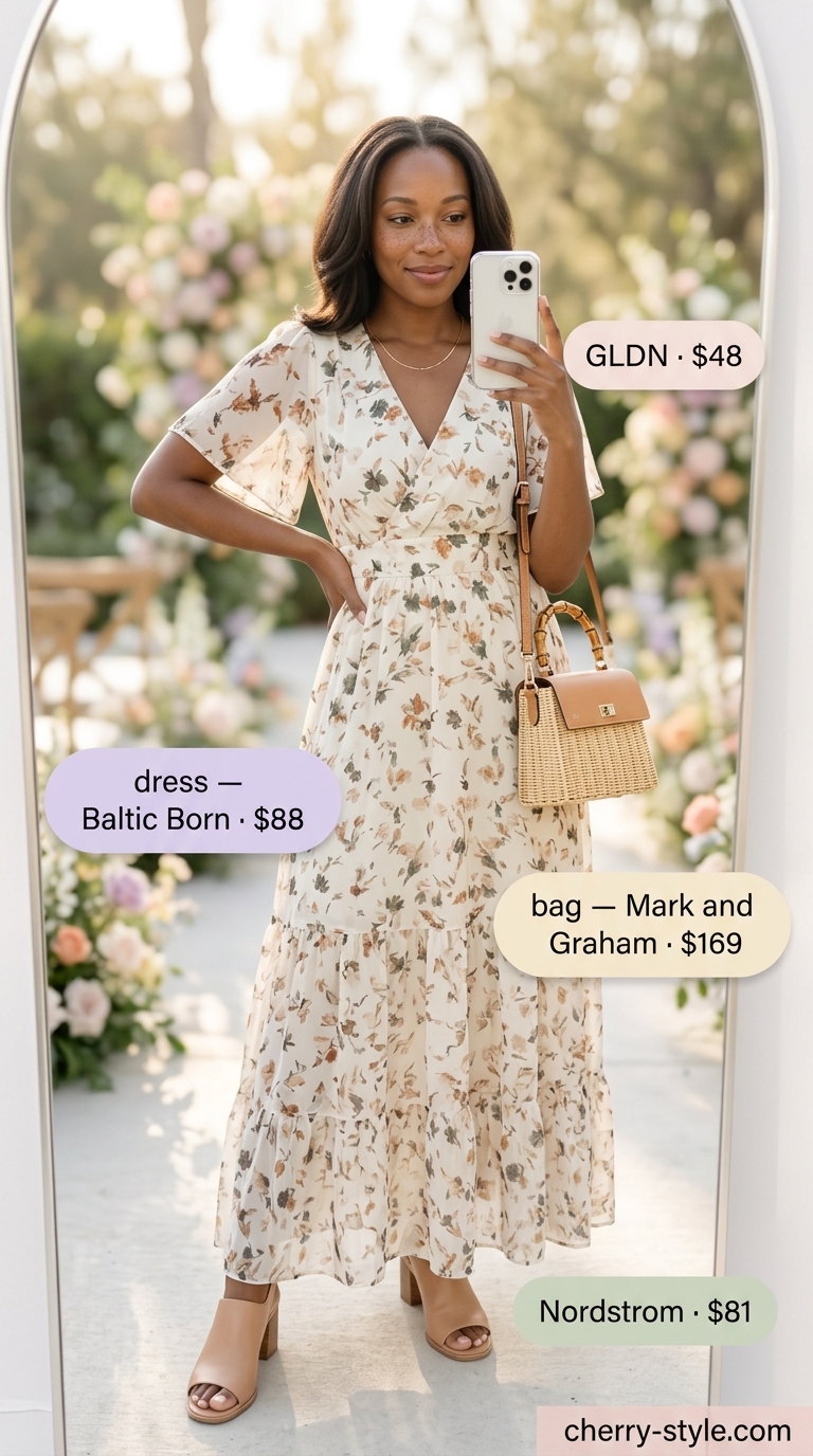 Relaxed floral summer wedding guest outfits 2026: White floral midi dress with block heel mules and straw bag.
