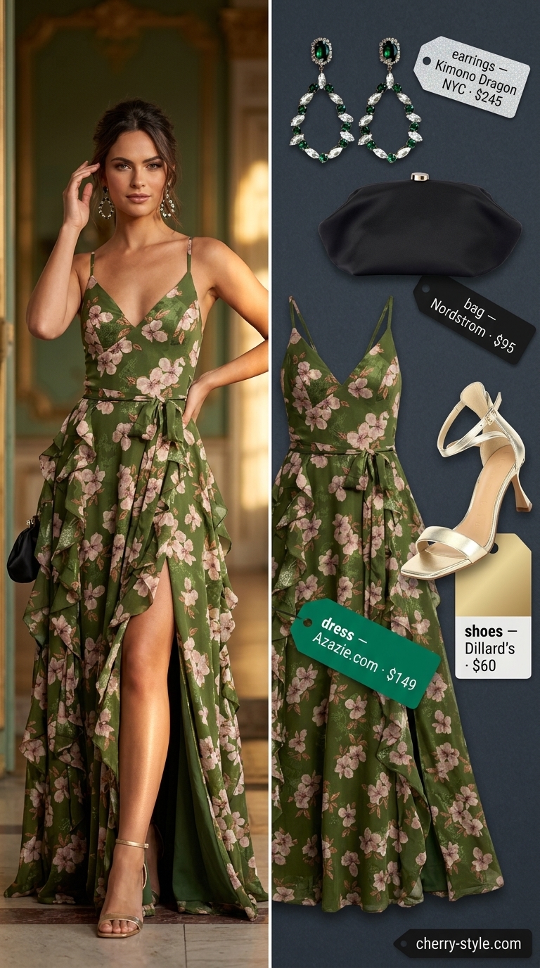 Emerald green floral maxi dress, gold sandals, statement earrings, black clutch for floral summer wedding guest outfits 2026.