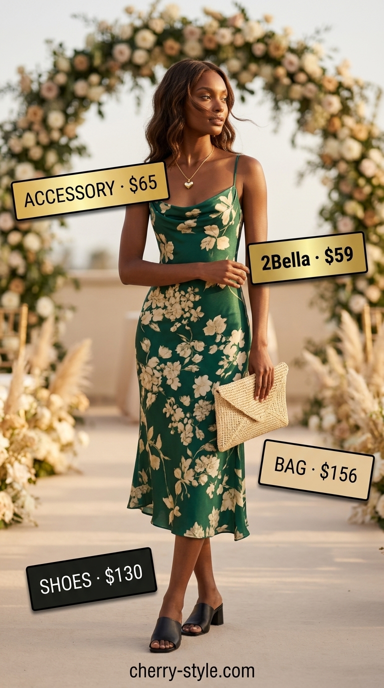 Emerald green floral midi dress for floral summer wedding guest outfits 2026. Elegant evening option.