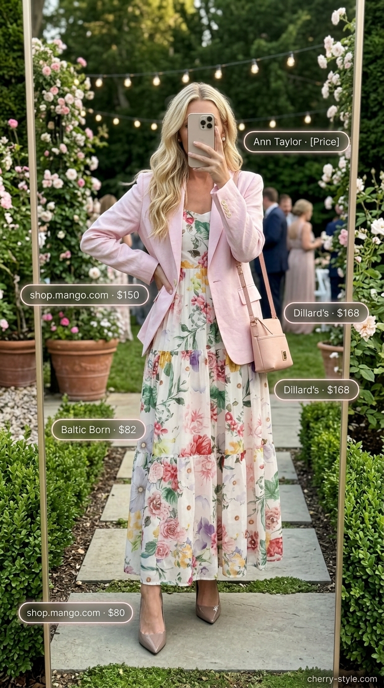 Floral print dress with blush blazer for floral summer wedding guest outfits 2026. Sophisticated look.