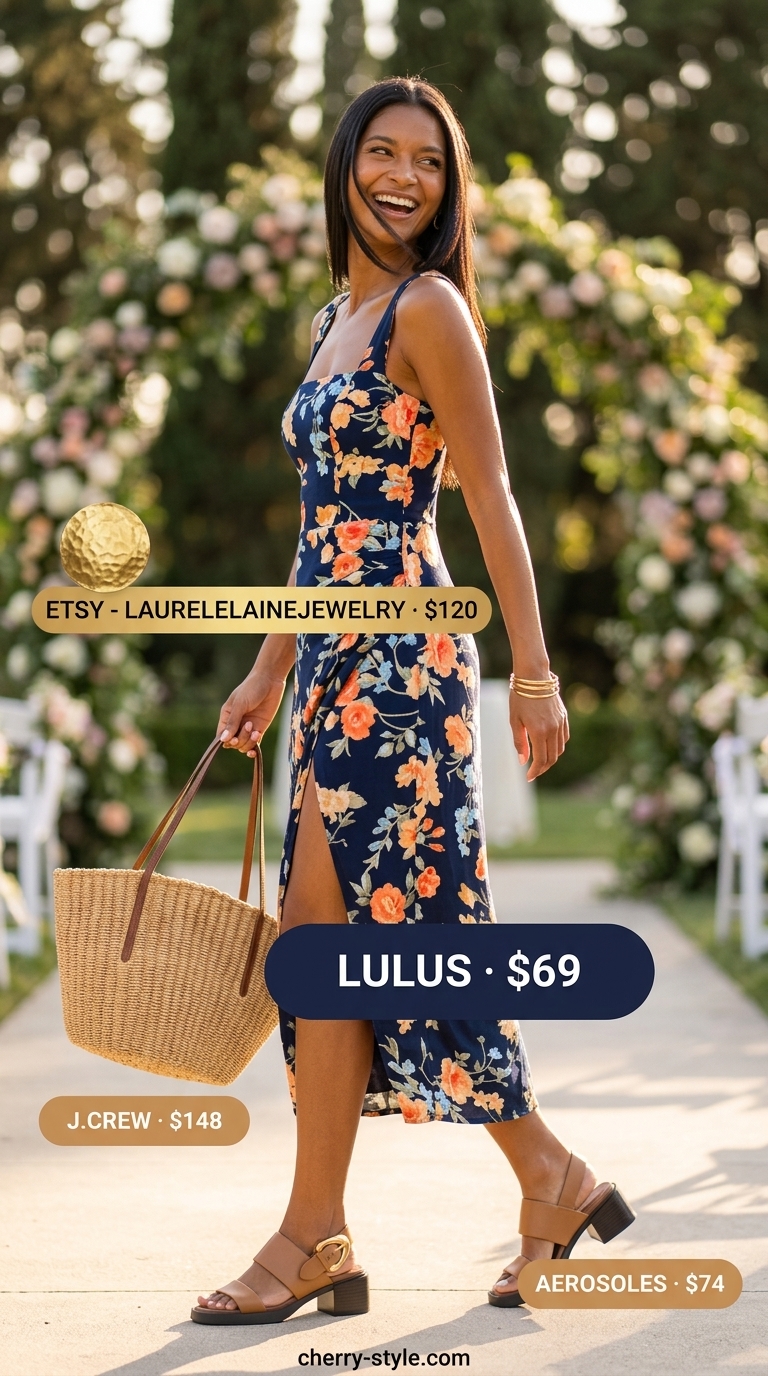 Chic floral summer wedding guest outfits 2026: Multi-color floral midi dress with block heels and straw tote.