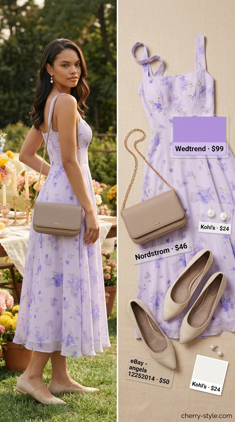 Charming floral summer wedding guest outfits 2026: Pastel floral A-line midi dress with ballet flats.