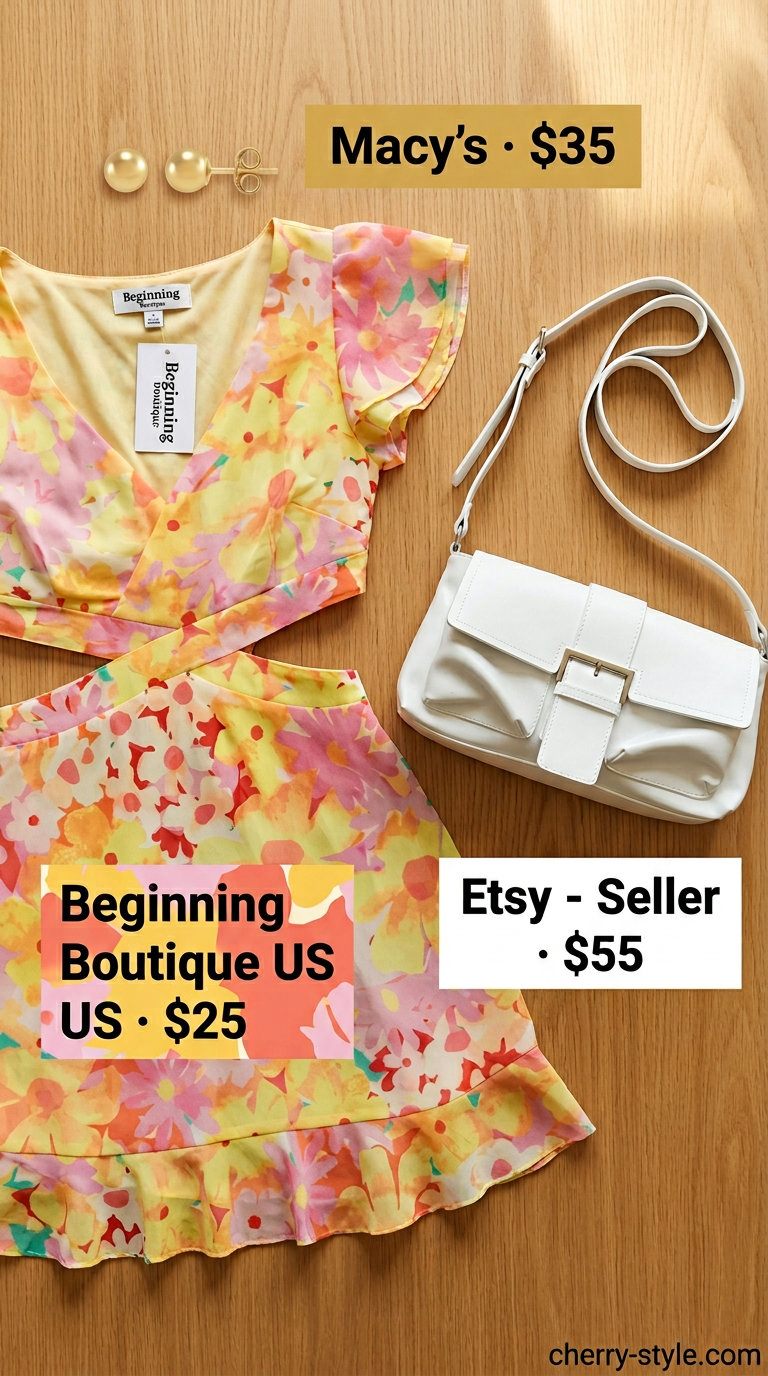 Golden yellow floral mini dress, tan sandals, gold earrings, white crossbody bag for floral summer wedding guest outfits 2026.