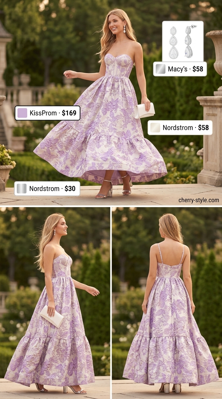 Lavender floral maxi dress, silver sandals, crystal earrings, white clutch for floral summer wedding guest outfits 2026.
