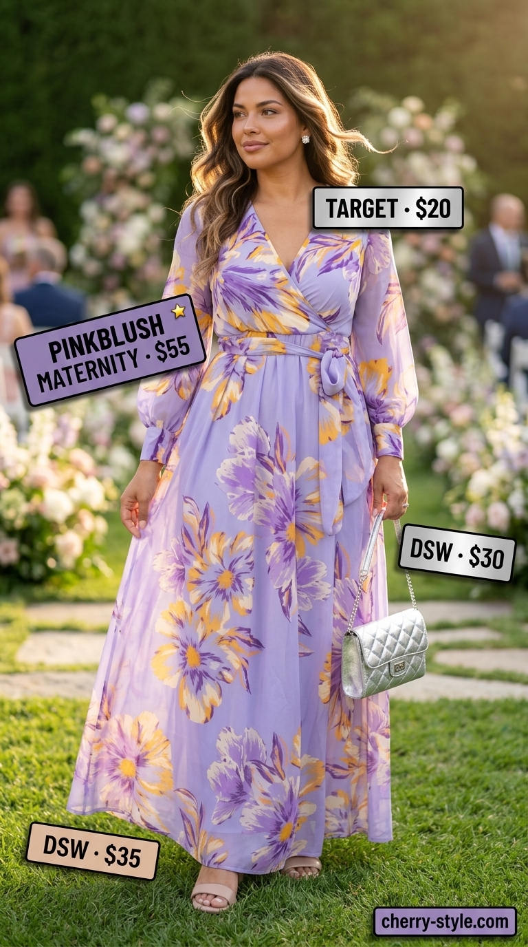 Lavender floral wrap dress for floral summer wedding guest outfits 2026. Romantic and feminine style.