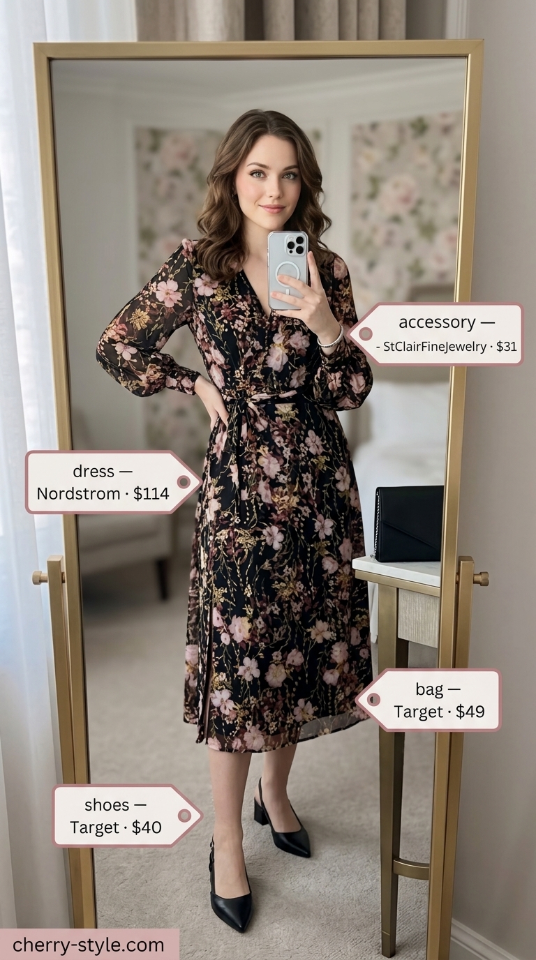 Floral summer wedding guest outfits 2026: Black floral midi dress with block heels and clutch for a chic event.