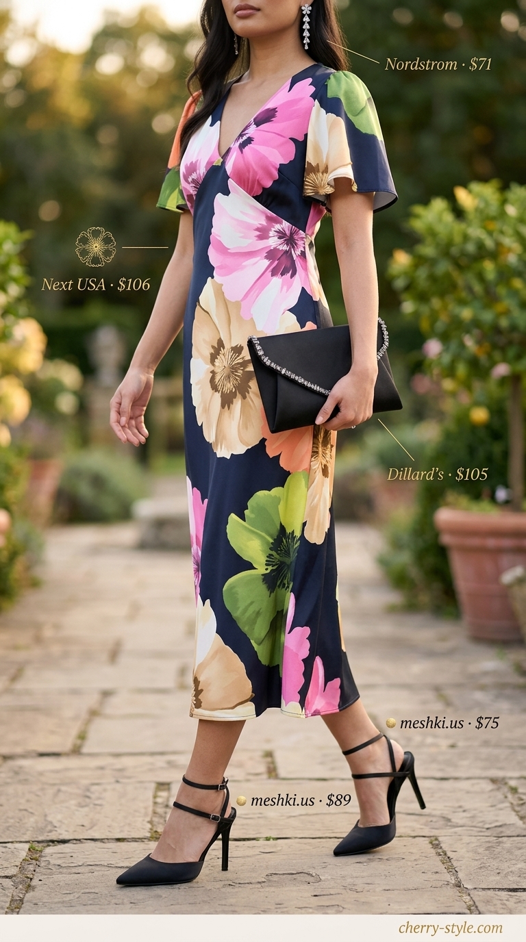 Navy blue floral midi dress with silver accents for floral summer wedding guest outfits 2026. Glamorous look.