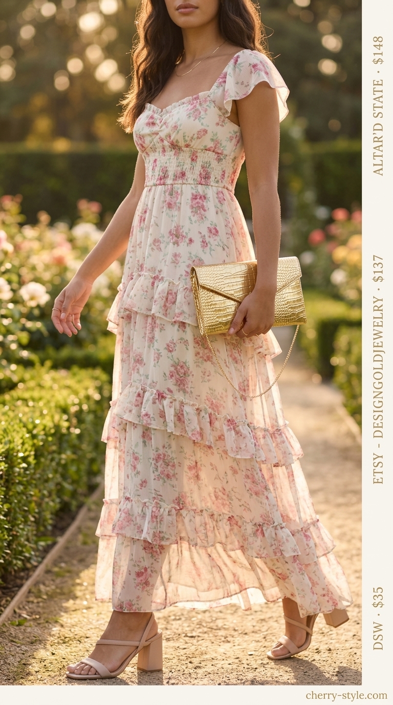 Pastel floral maxi dress for floral summer wedding guest outfits 2026. Ethereal garden party look.