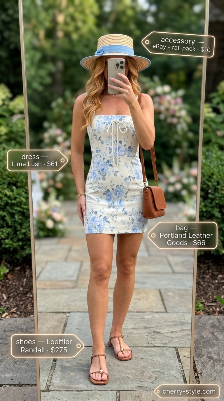 Sweet floral summer wedding guest outfits 2026: Light blue floral mini dress with puff sleeves and straw hat.