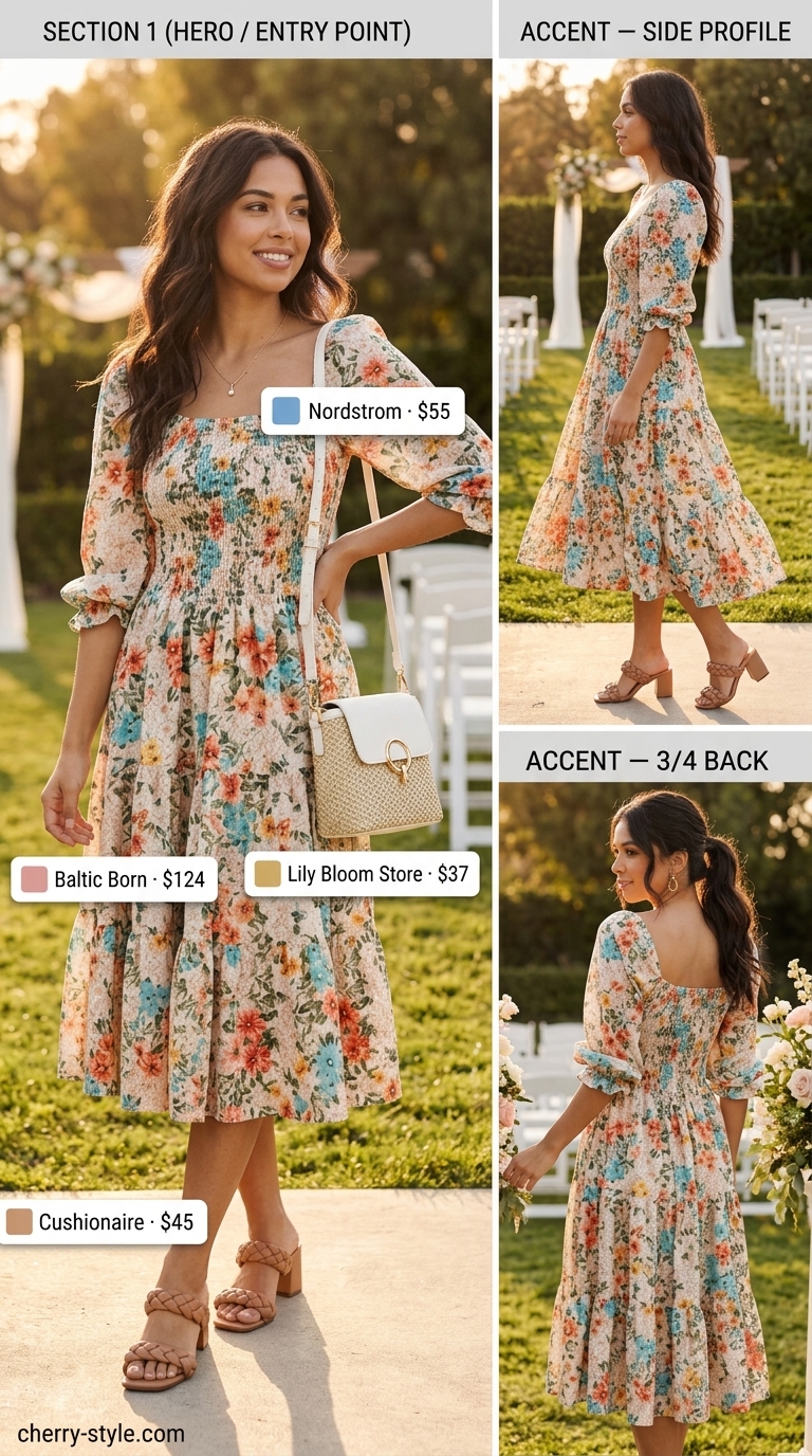 Rose pink floral midi dress, tan sandals, gold necklace, straw bag for floral summer wedding guest outfits 2026.