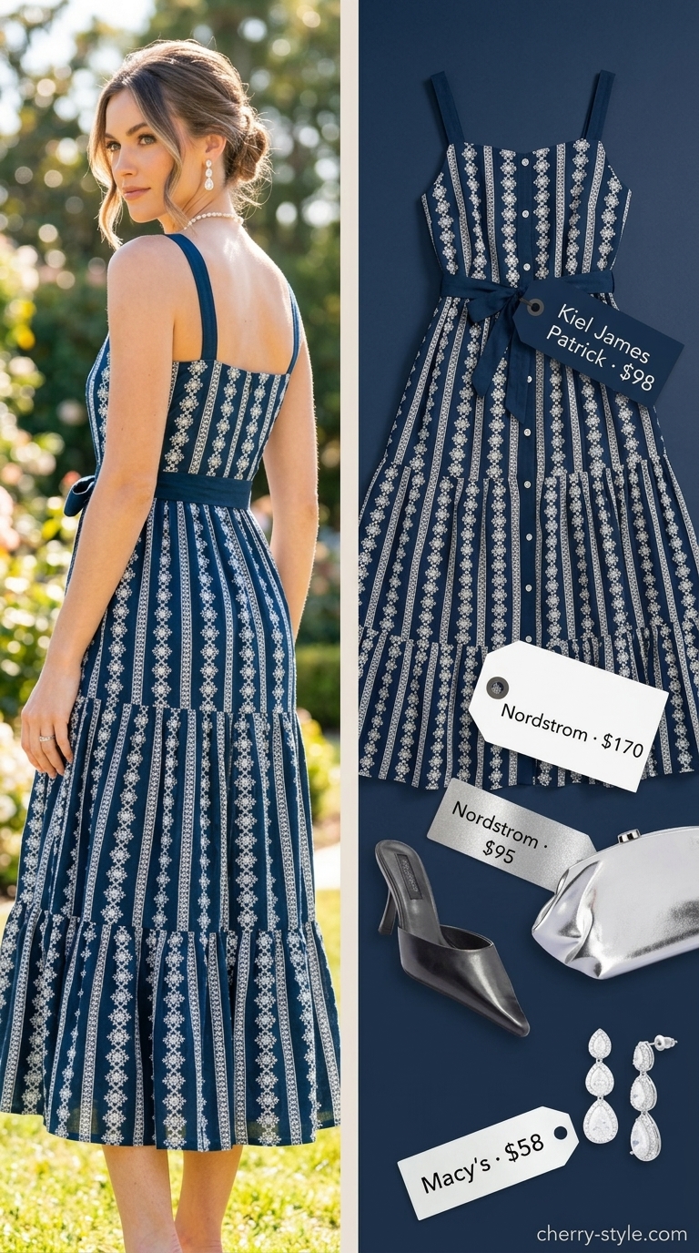 Navy and white striped floral maxi dress for floral summer wedding guest outfits 2026. Elegant evening option.