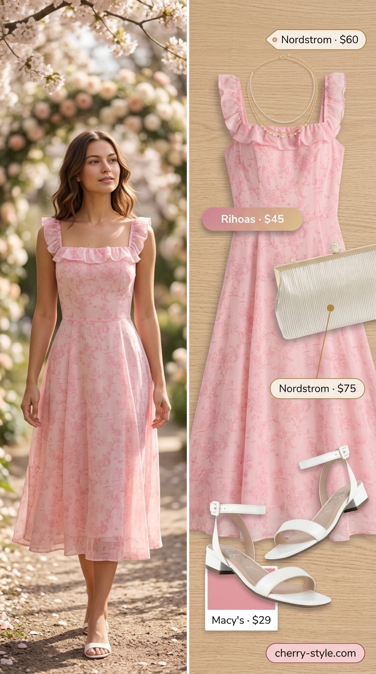 Blush pink floral midi dress, block heel sandals, gold necklaces, nude clutch for floral summer wedding guest outfits 2026.