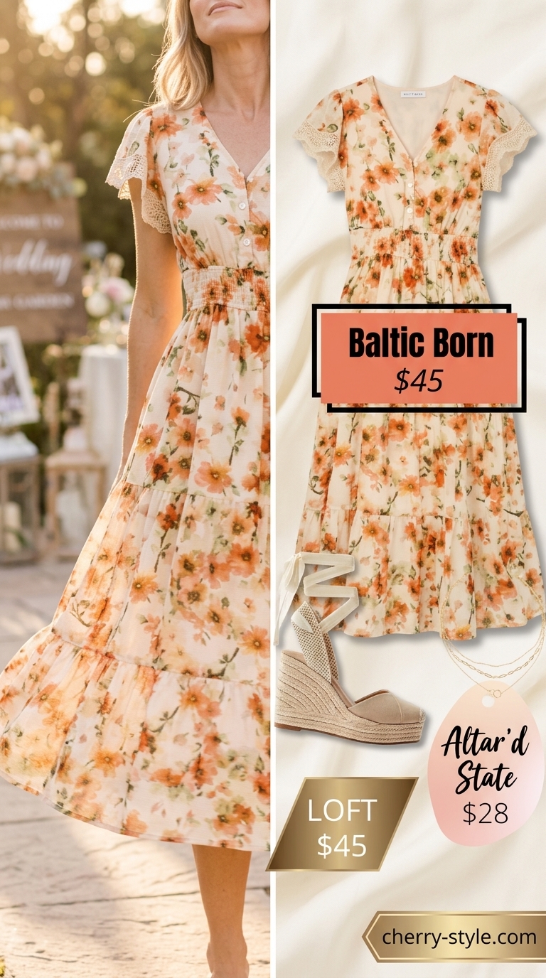 Coral blush floral midi dress, espadrille wedges, gold necklaces, champagne bag for floral summer wedding guest outfits 2026.