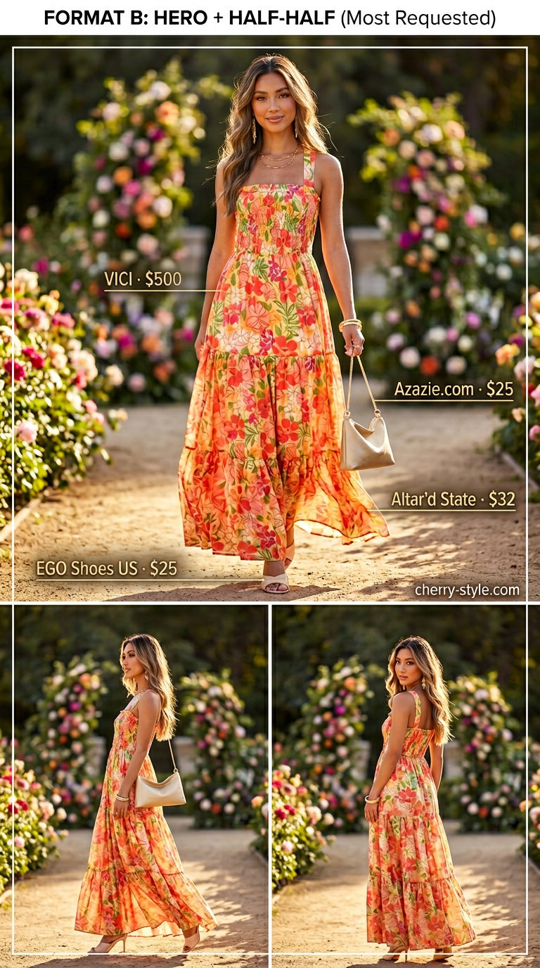 Sunset orange coral floral maxi dress, gold bangles, gold mules, champagne bag for floral summer wedding guest outfits 2026.