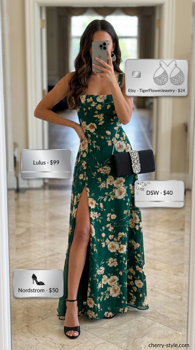 Glamorous floral summer wedding guest outfits 2026: Jewel-tone slip dress with satin heels and crystal clutch.