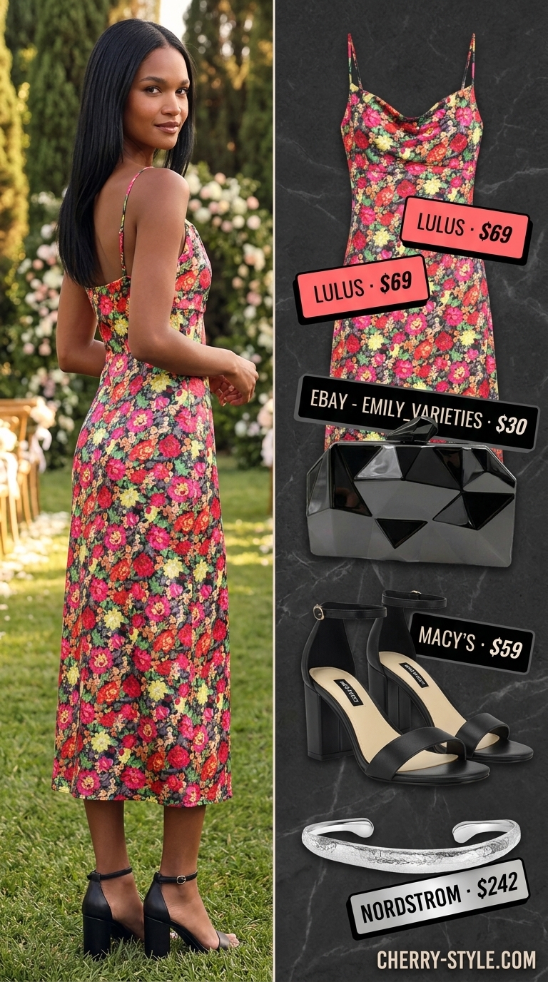 Muted teal floral slip dress for floral summer wedding guest outfits 2026. Modern and chic evening look.