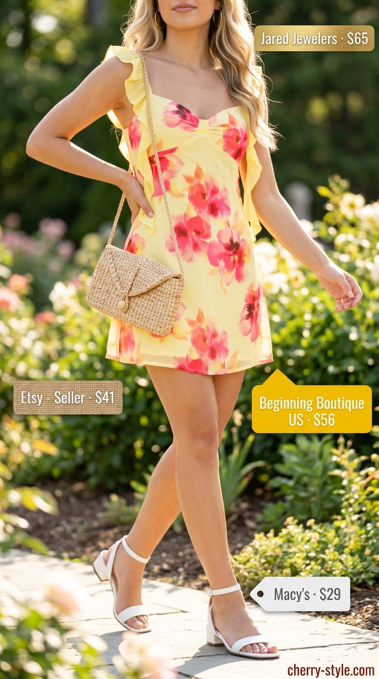 Yellow floral mini dress for floral summer wedding guest outfits 2026. Paired with block heels and straw clutch.