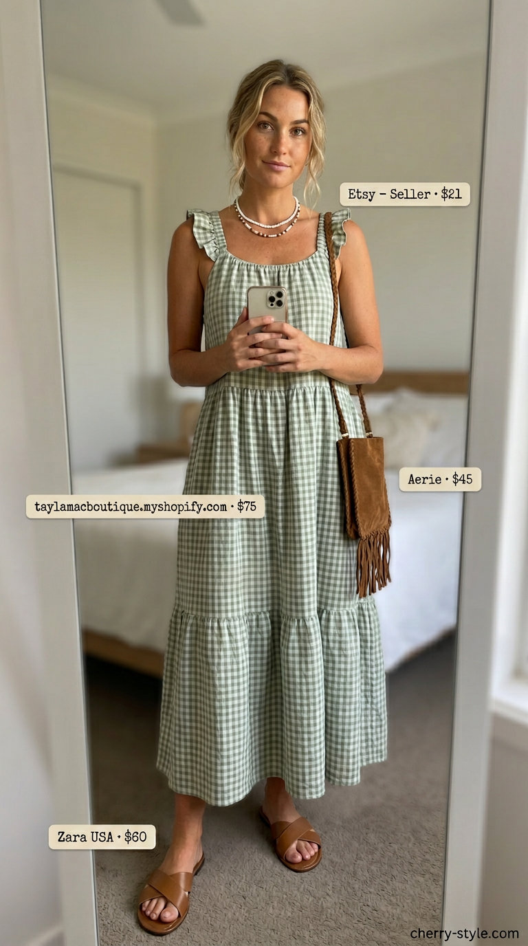Muted green gingham maxi sundress for festivals, with leather sandals and fringe bag. Gingham summer sundresses 2026.