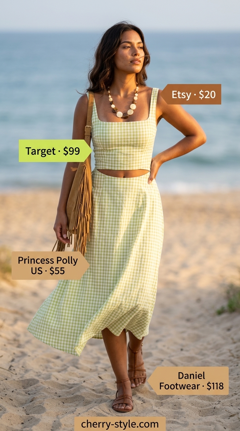 Muted green gingham maxi sundress with gladiator sandals for a boho summer festival 2026.