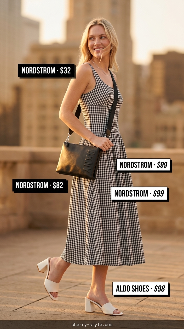 Black gingham midi sundress with white mules for a chic city summer outfit 2026.