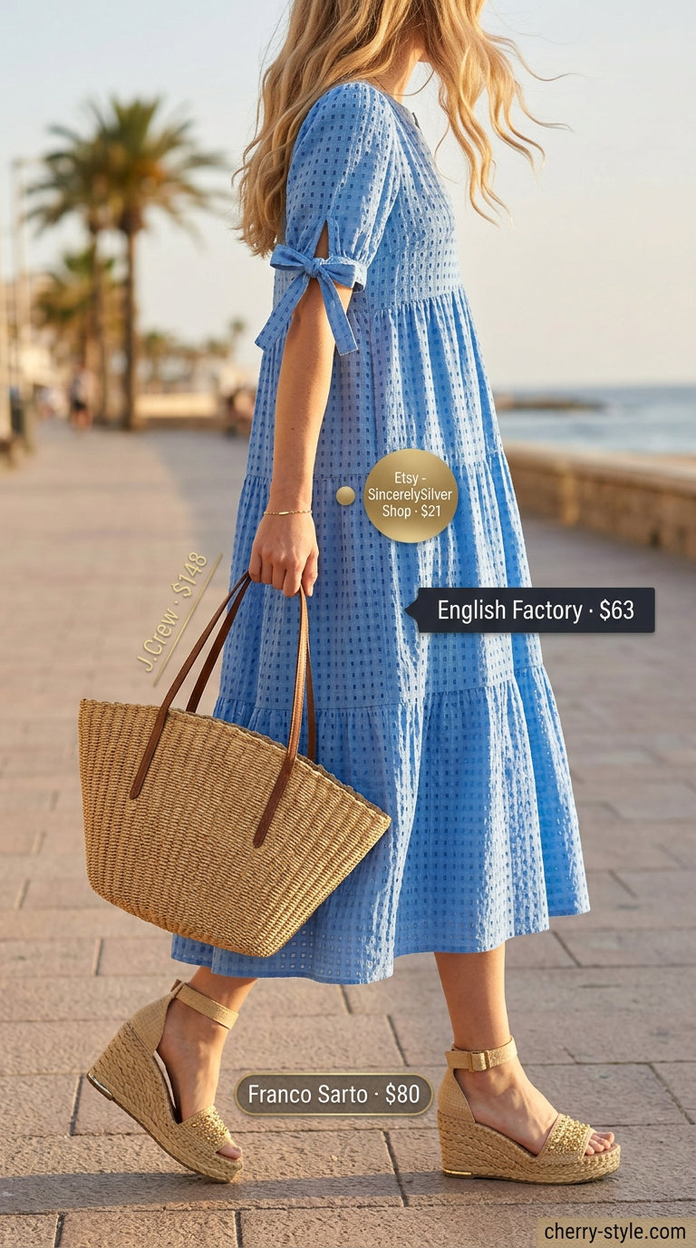 Sky blue gingham sundress for coastal charm, with espadrilles and straw tote. Gingham summer sundresses 2026.