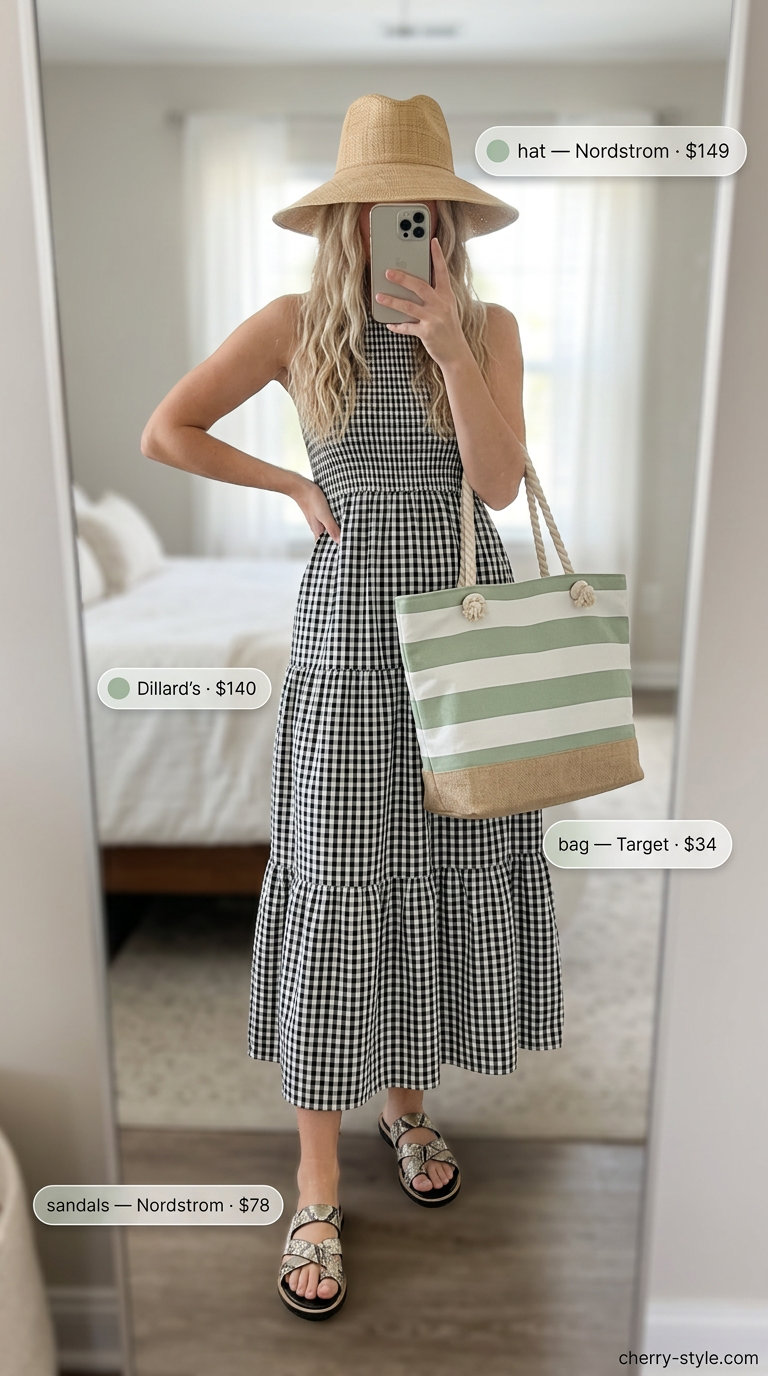 Light blue gingham sundress for beach day. Coastal outfit with straw hat, white slides, and canvas tote.
