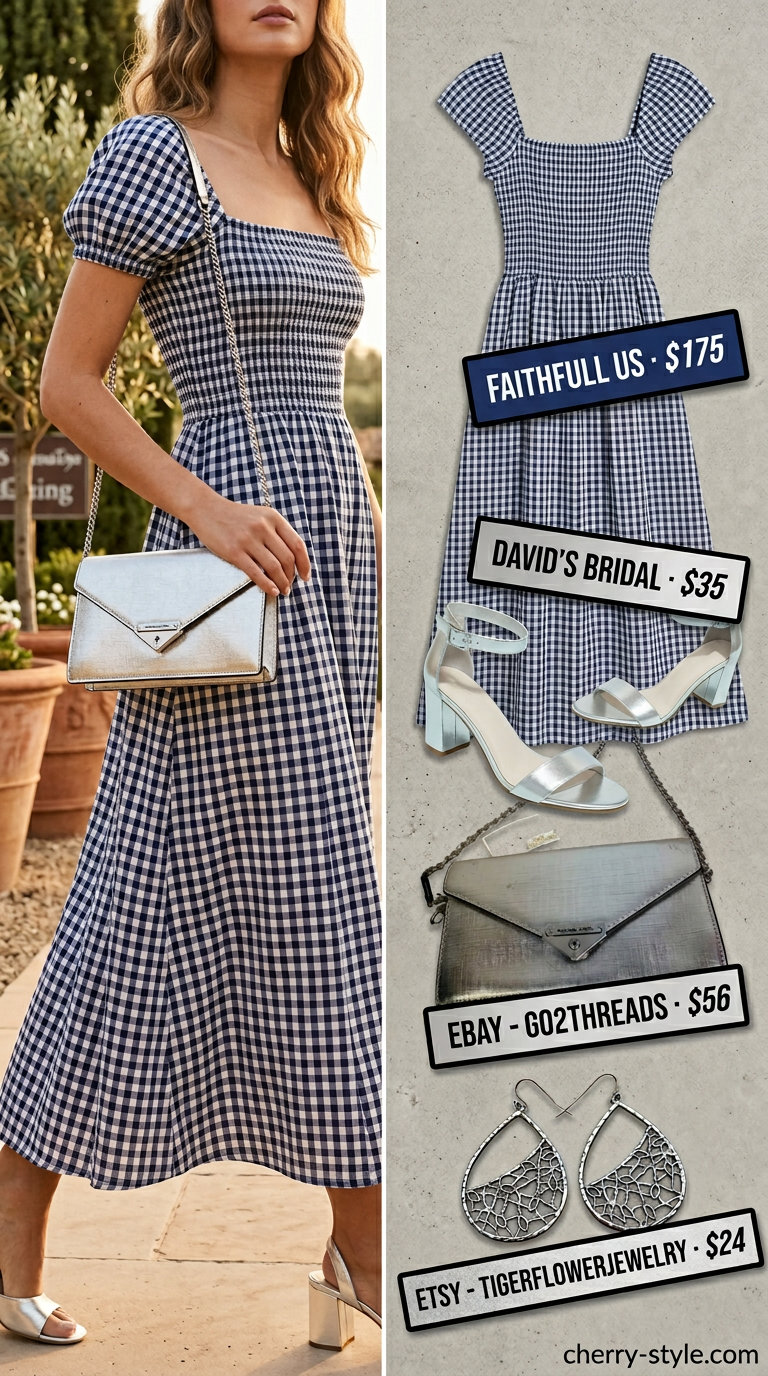 Navy and white gingham midi sundress for elegant evenings, with silver heels and clutch. Gingham summer sundresses 2026.