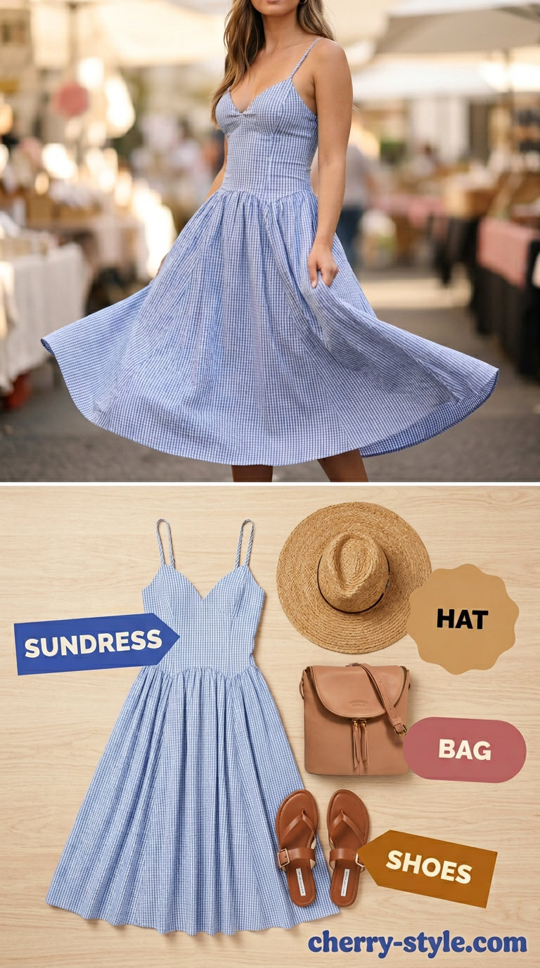 Light blue gingham midi sundress for farmer's market. Easy outfit with leather slides, crossbody bag, and straw hat.