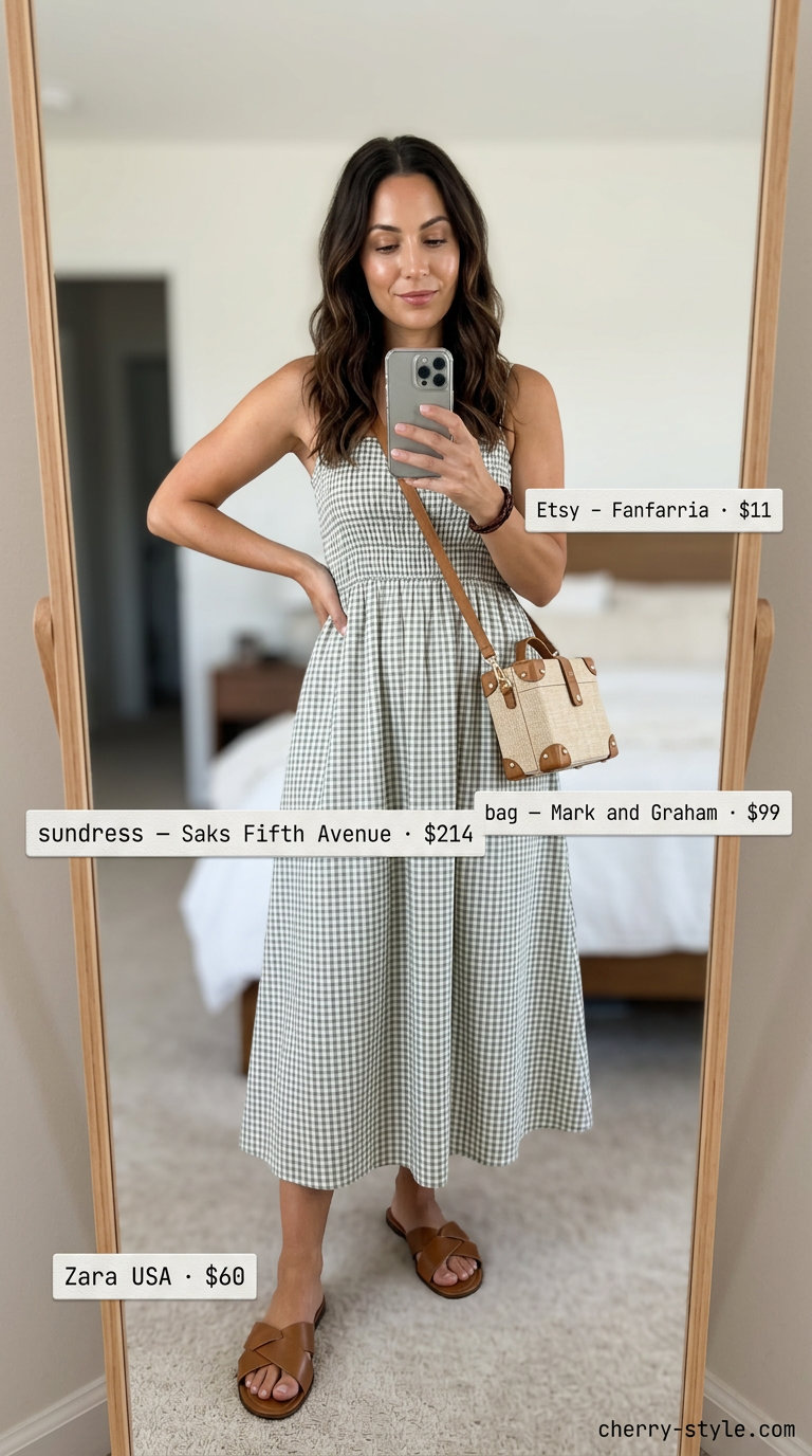 White gingham midi sundress for farmhouse chic, with leather sandals and woven bag. Gingham summer sundresses 2026.