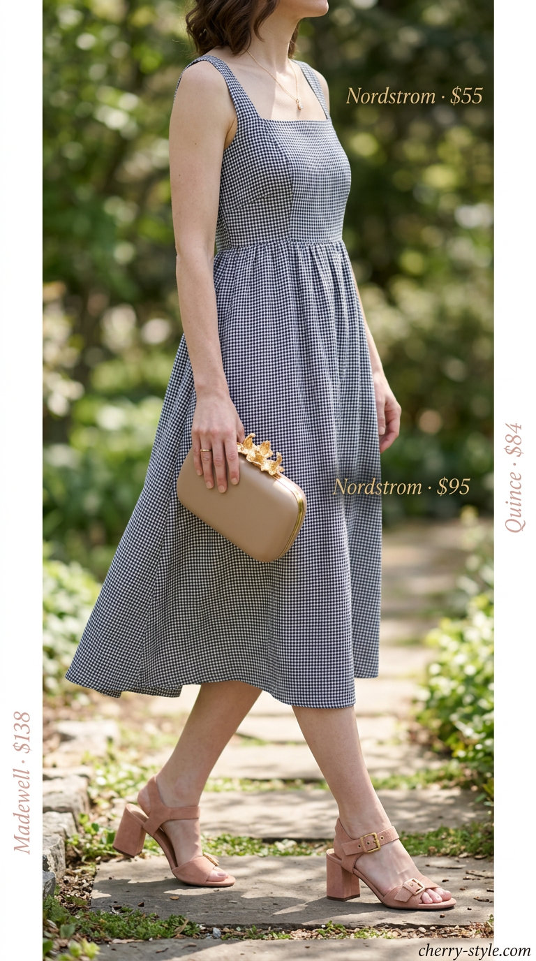 Navy and white gingham midi sundress for garden parties, with block heels and envelope clutch. Gingham summer sundresses 2026.