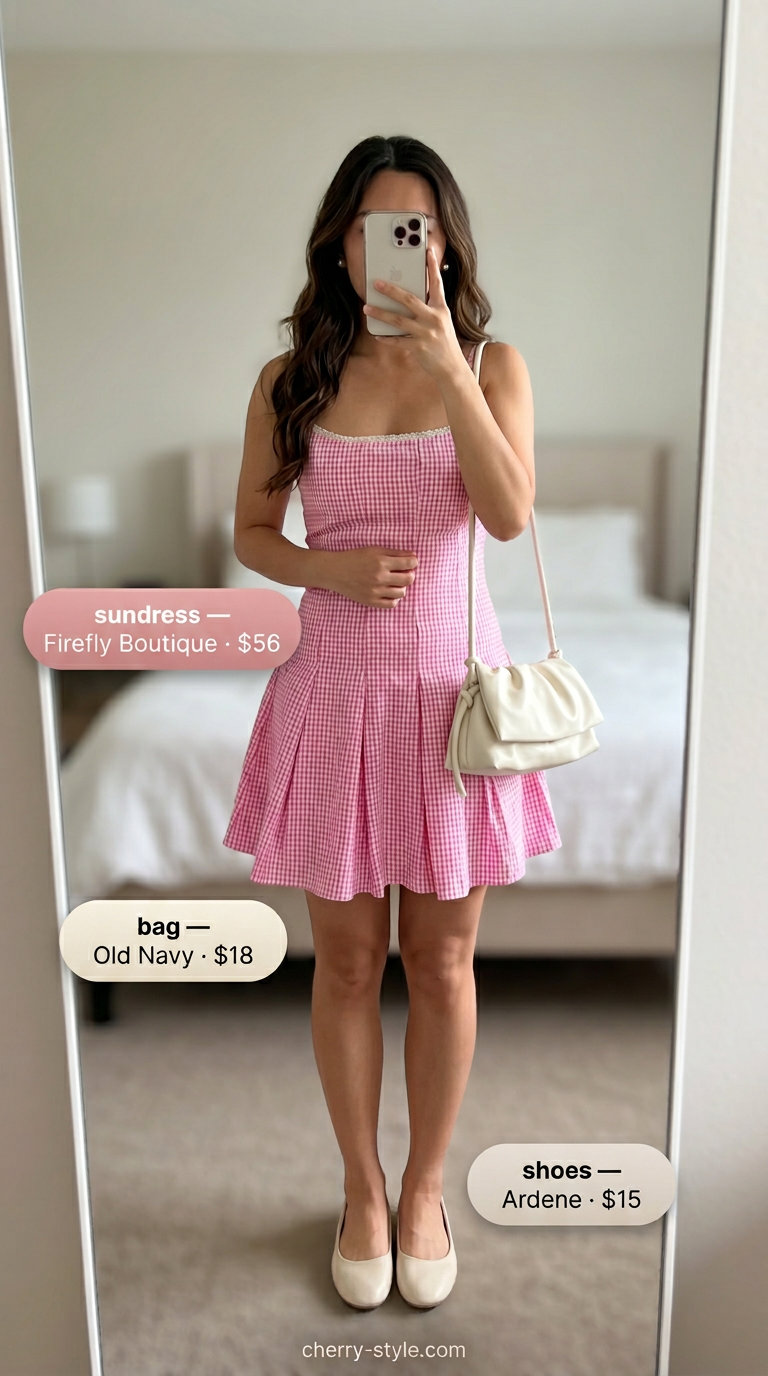 Blush pink gingham sundress for garden party, paired with pearl earrings and ballet flats. Gingham summer sundresses 2026.