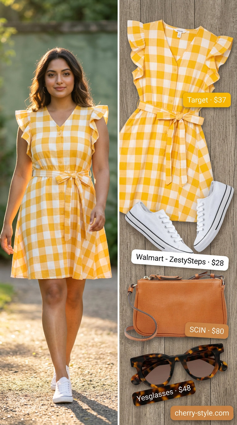 Yellow gingham mini sundress for casual errands. Cheerful outfit with crossbody bag, sneakers, and sunglasses.