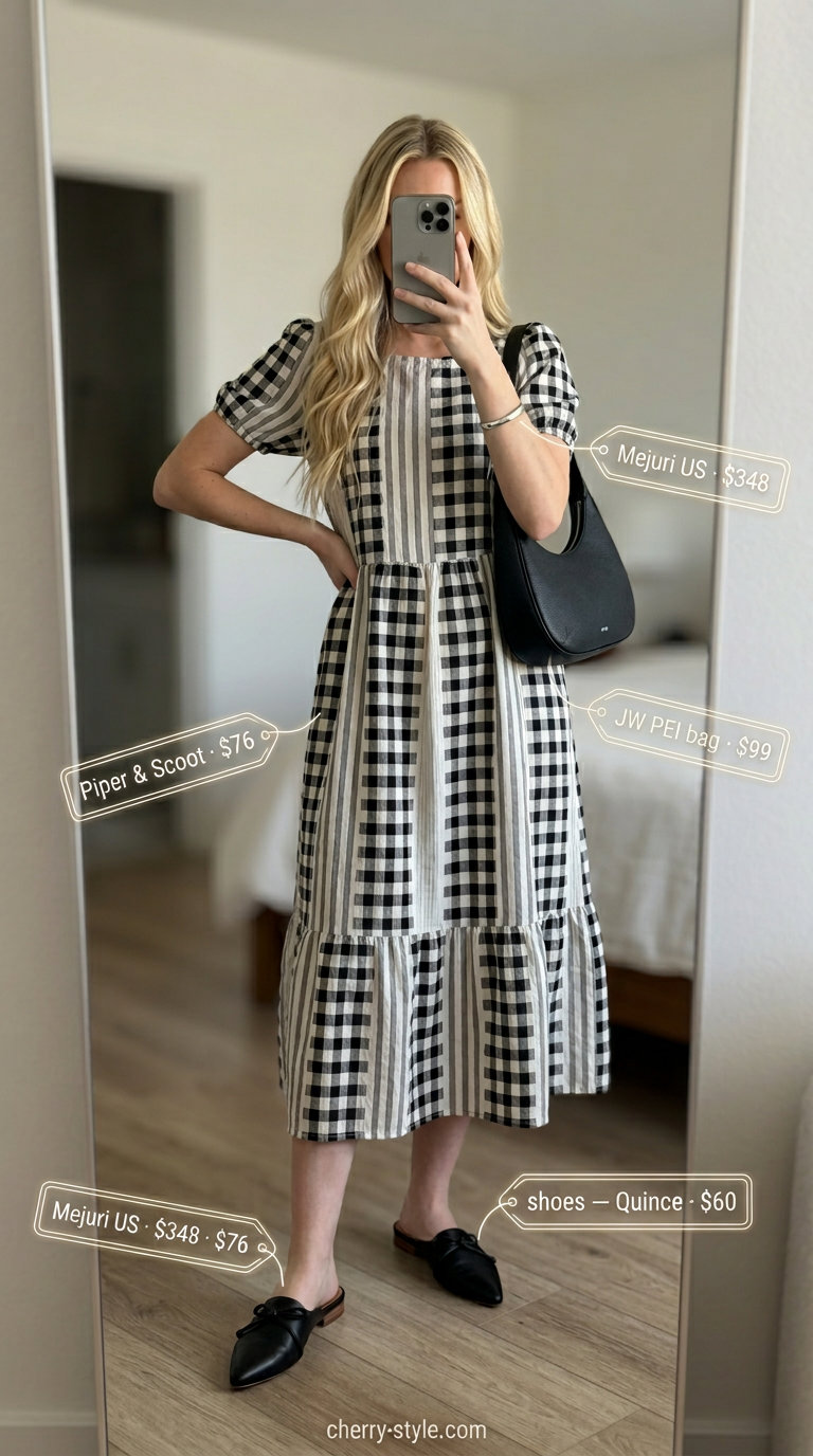 Black and white gingham midi sundress for modern chic, with mules and shoulder bag. Gingham summer sundresses 2026.