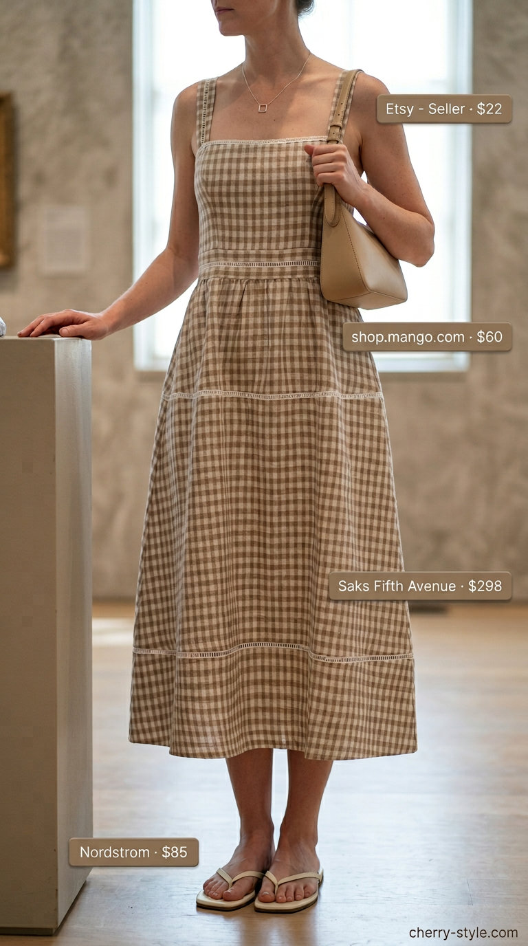 Muted taupe gingham midi sundress for gallery visit. Modern outfit with structured bag, leather slides, silver necklace.