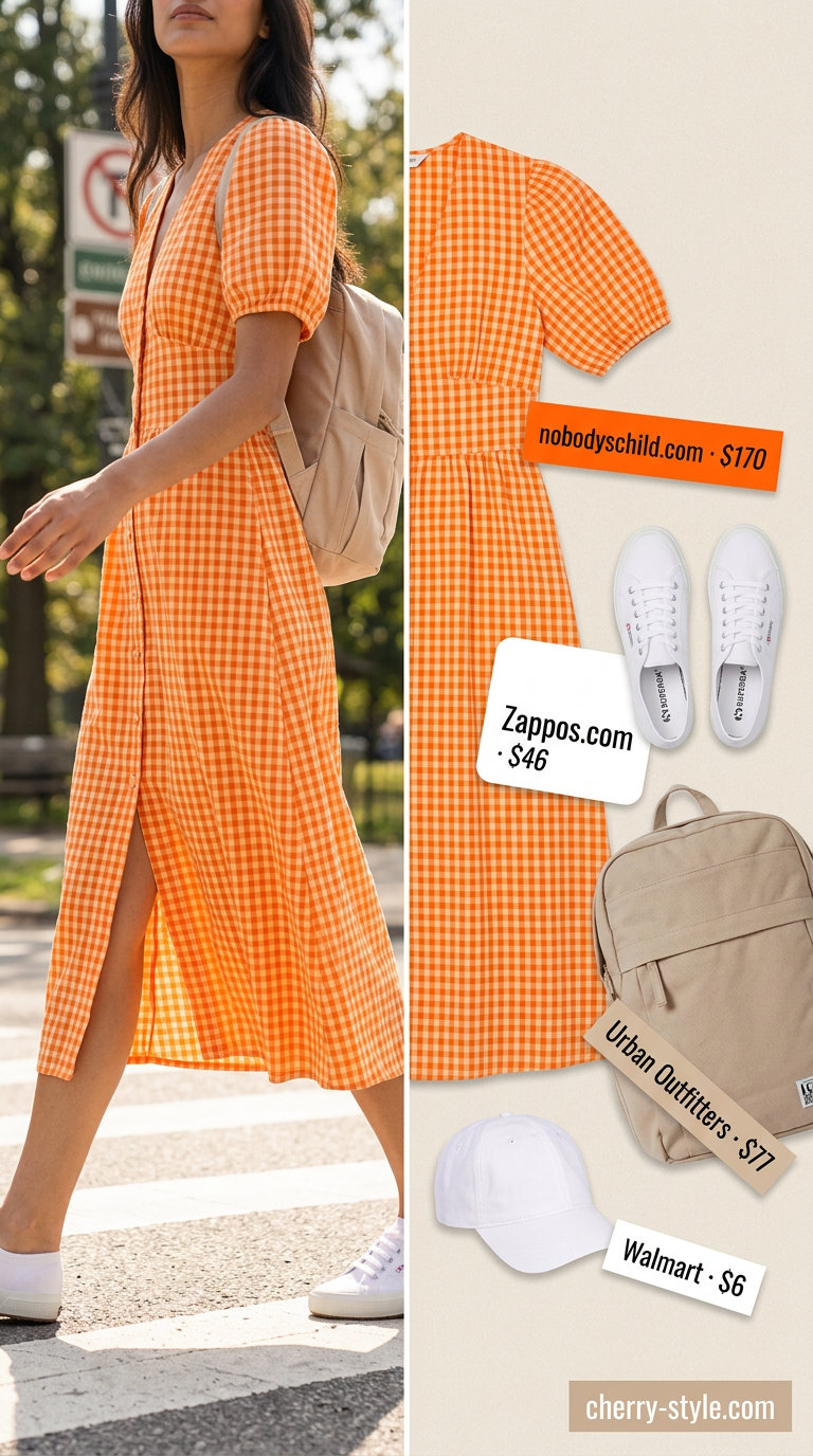 Bright orange gingham sundress with Peter Pan collar for park days, paired with sneakers and backpack. Gingham summer sundresses 2026.