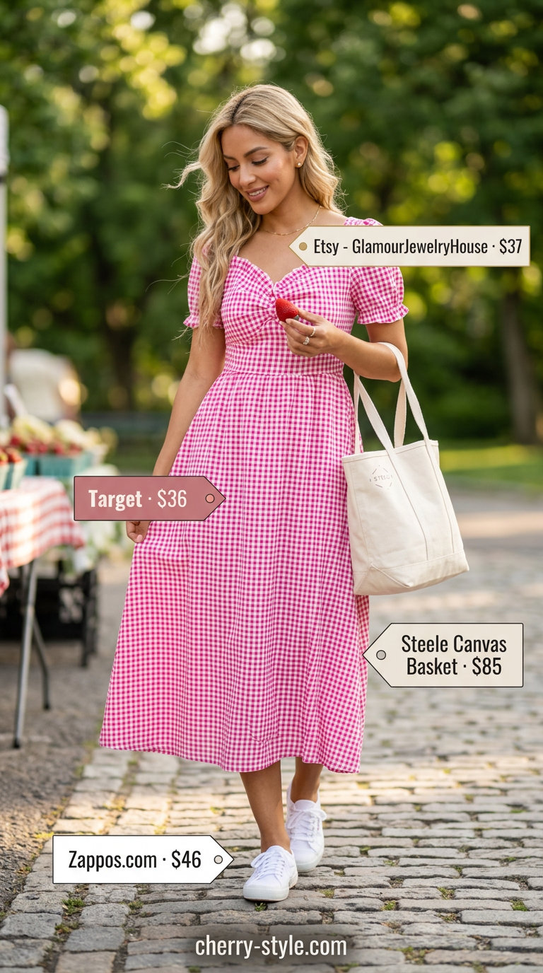 Red and white gingham midi sundress for a picnic. Sweet outfit with canvas sneakers, gold studs, and canvas tote.