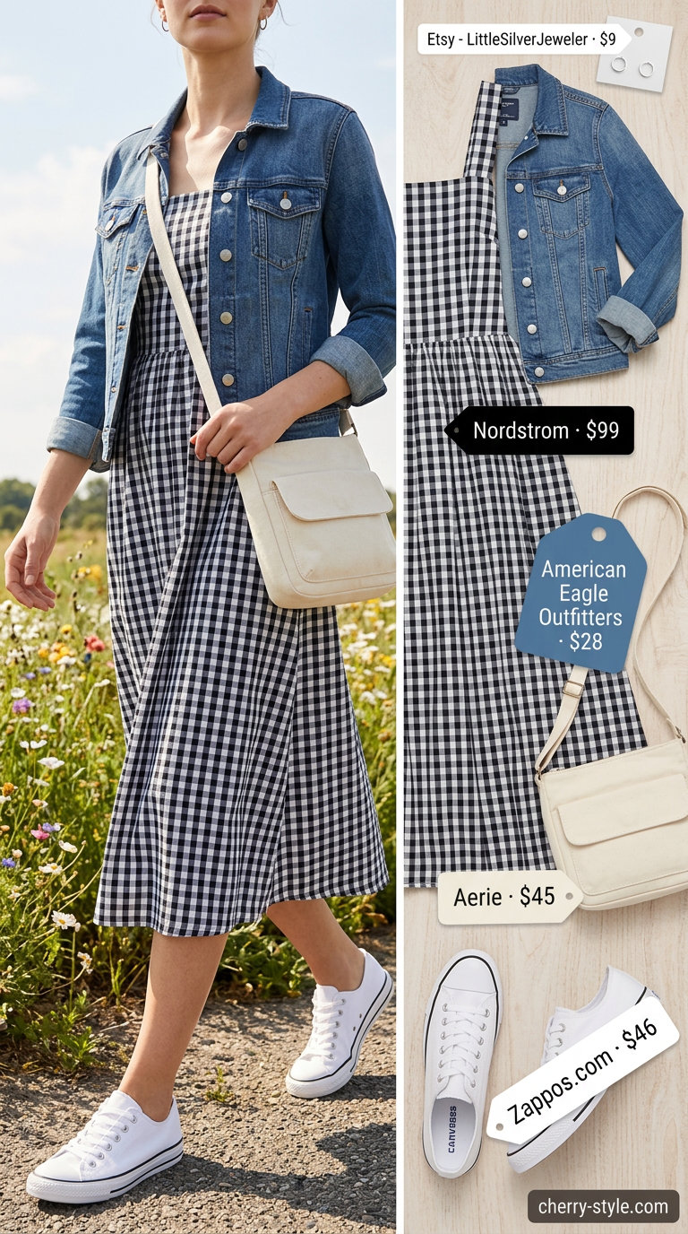 Black and white gingham sundress with denim jacket and sneakers for a picnic 2026.