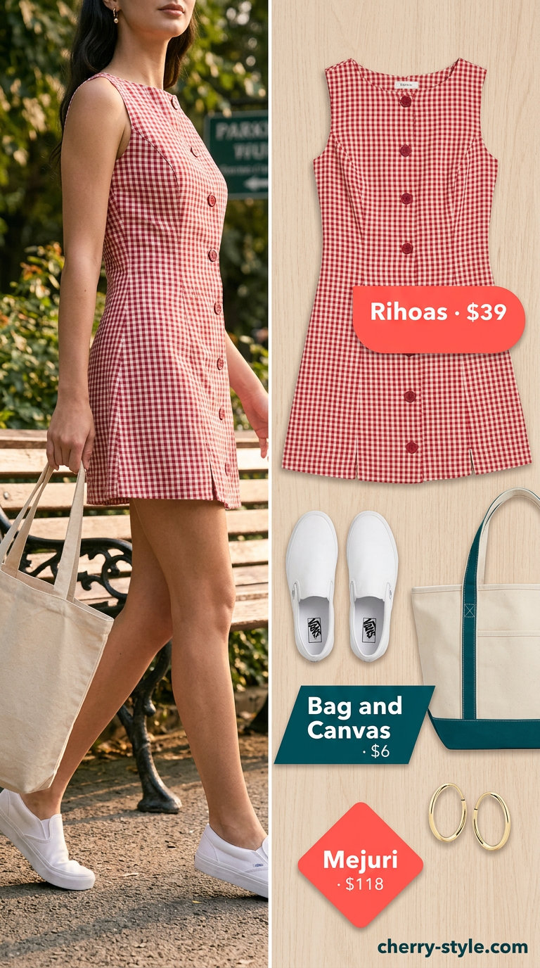 Red and white gingham sundress for a picnic. Classic outfit with canvas sneakers, gold hoops, and canvas tote.