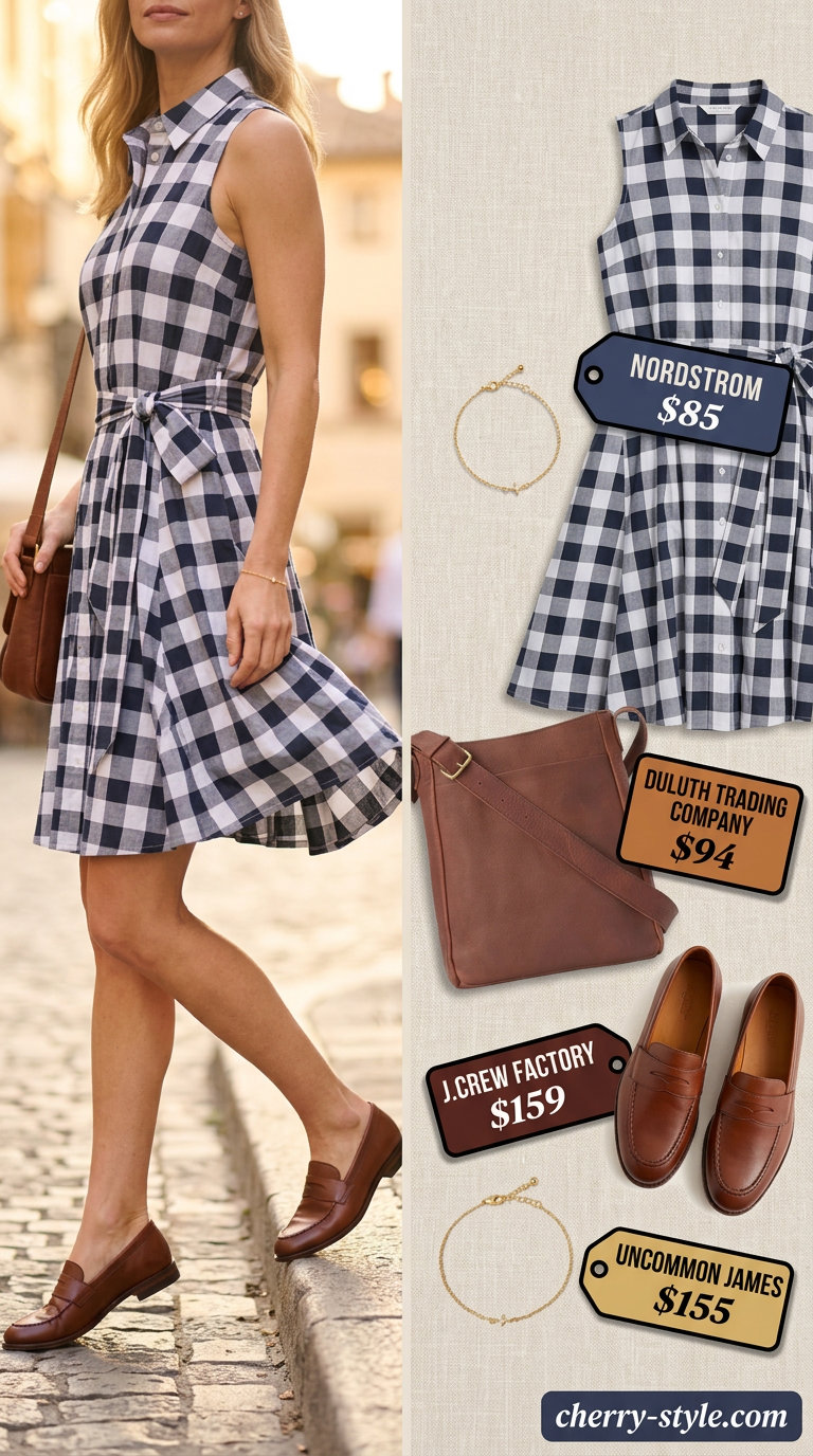 Navy and white gingham midi sundress with penny loafers for a preppy summer look 2026.