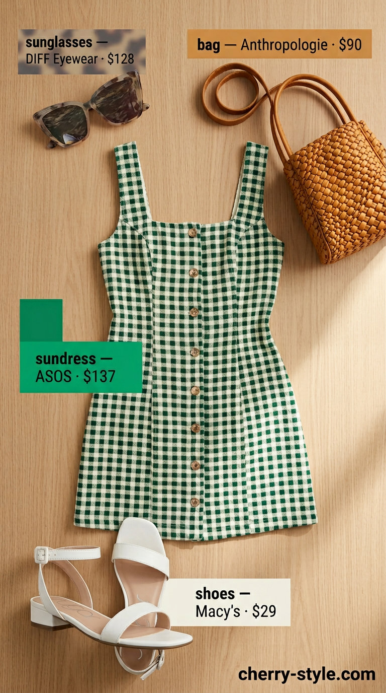 Emerald green gingham mini sundress for retro fun. Vibrant outfit with tote bag, cat-eye sunglasses, and block heels.
