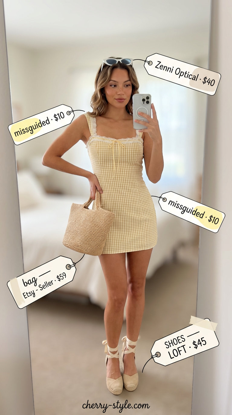 Yellow gingham mini sundress for retro vibes, with espadrilles and straw bag. Gingham summer sundresses 2026.