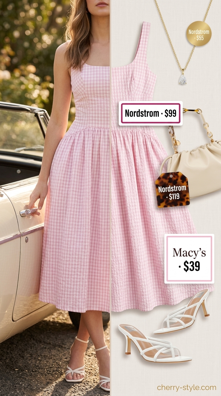 Soft pink gingham sundress with white sandals for a romantic summer garden party 2026.