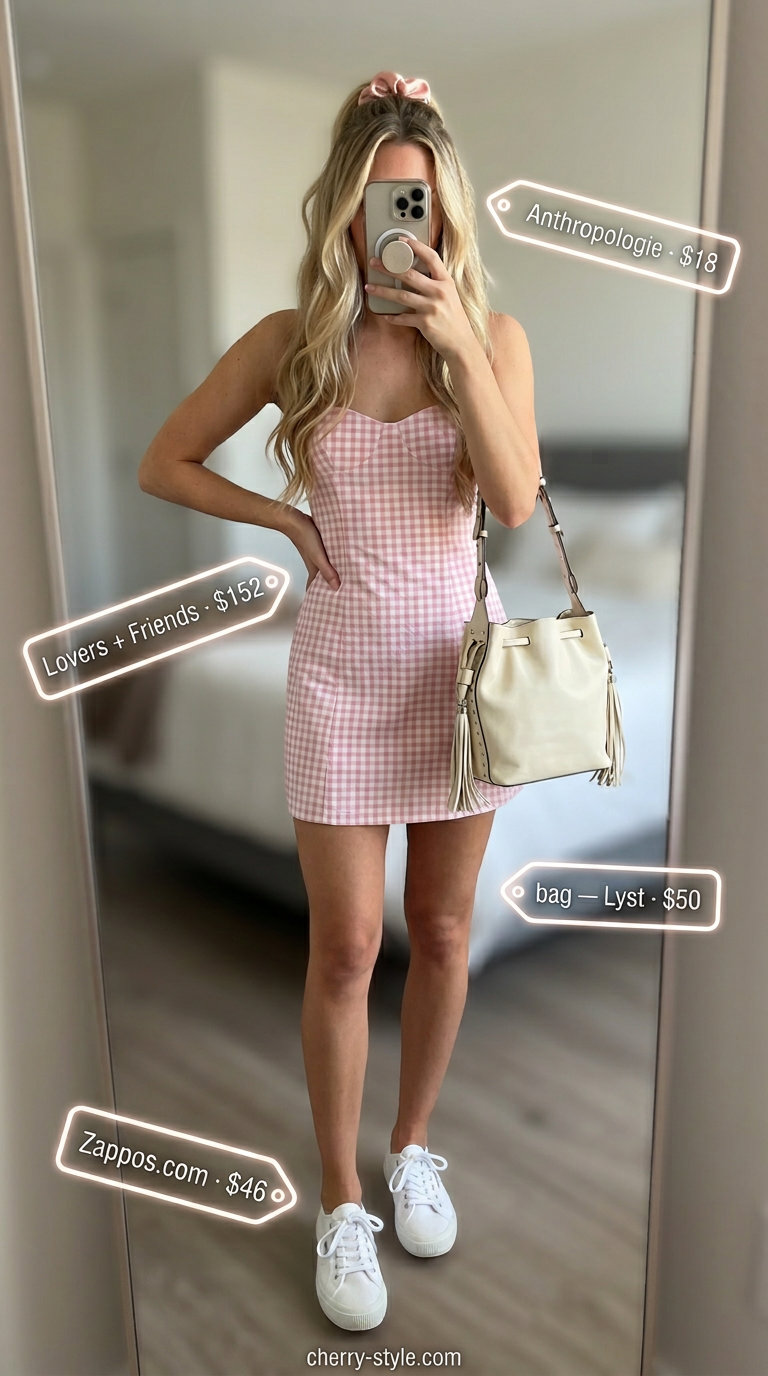 Pink gingham mini sundress for a sweet summer day. Feminine outfit with sneakers, bucket bag, and scrunchie.