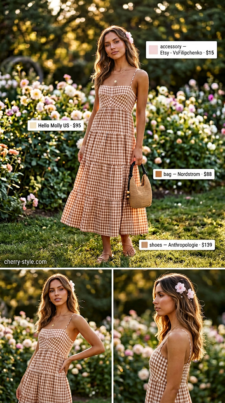 Pale blue floral gingham maxi sundress for vintage romance, with sandals and straw bag. Gingham summer sundresses 2026.