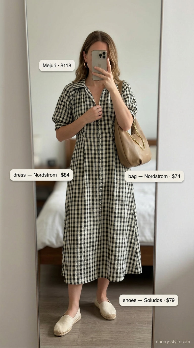 Black and white gingham mini sundress for brunch. Chic outfit with tan crossbody, gold hoops, and espadrilles.